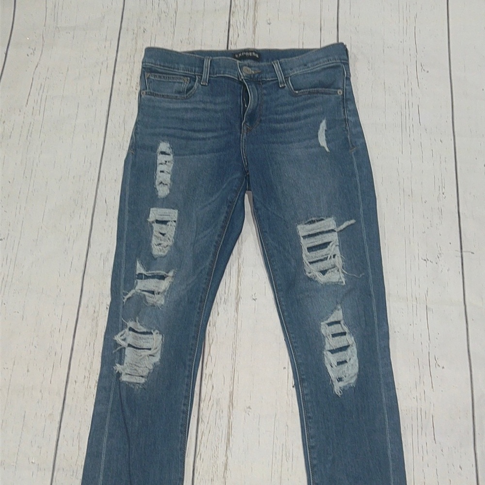 Express distressed blue cropped skinny mid rise jeans